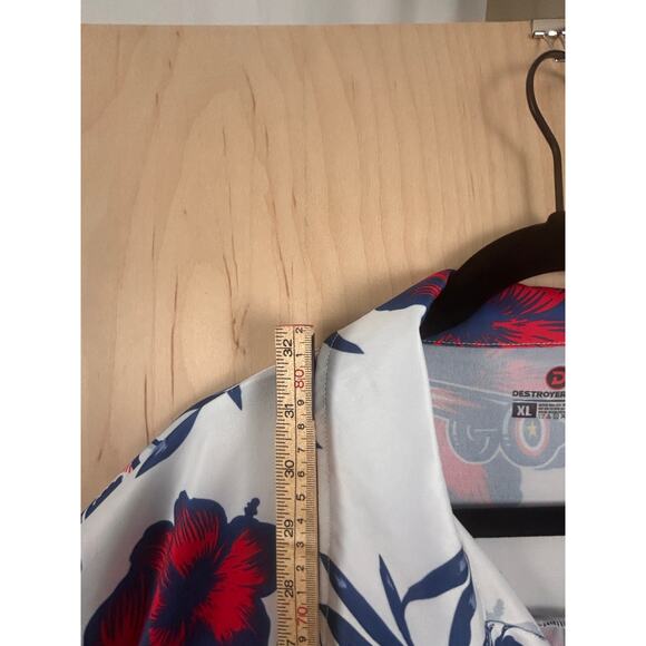 Destroyer Rocks XL Hawaiian Shirt Red White Blue Floral Cannon Aviator aloha - Picture 7 of 7